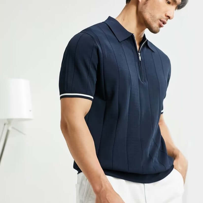 Men's fashion short-sleeved navy polo shirt with zipper, stylish summer top, comfortable fit, unique design.