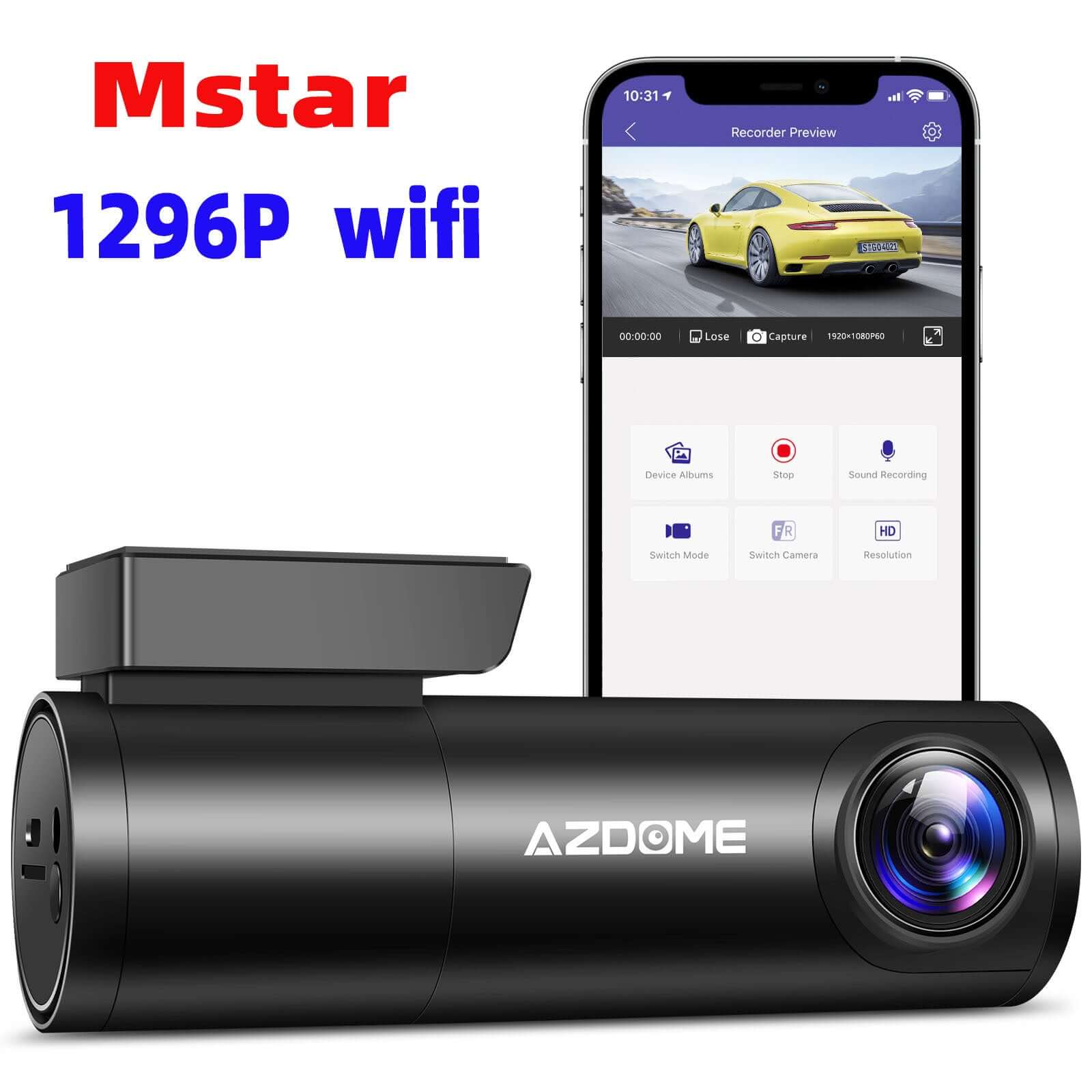 AZDOME 1296P HD dual lens recorder with WIFI connection showcased on smartphone screen.