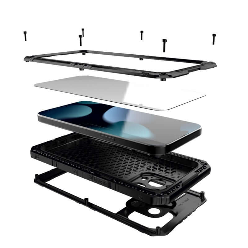 Exploded view of an Outdoor Sports Metal Mobile Phone Protective Cover, showcasing its shockproof layers and components.