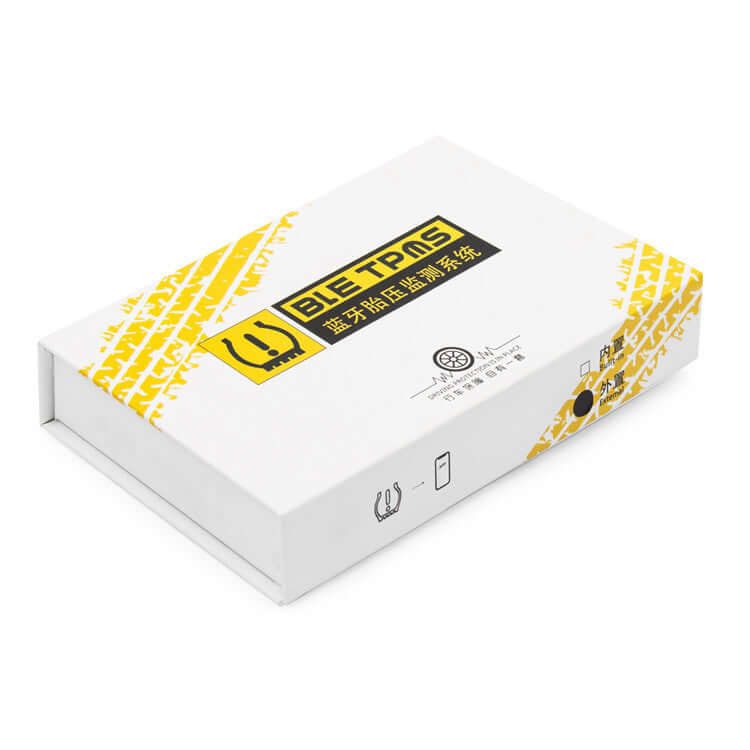 External tire pressure monitor packaging showcasing Bluetooth car diagnostic features for safe driving.