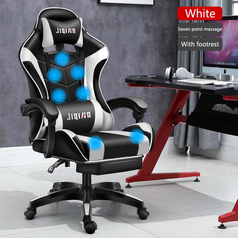 Ergonomic swivel gaming chair with massage features, footrest, and sleek design for optimal comfort in home office or dorm.