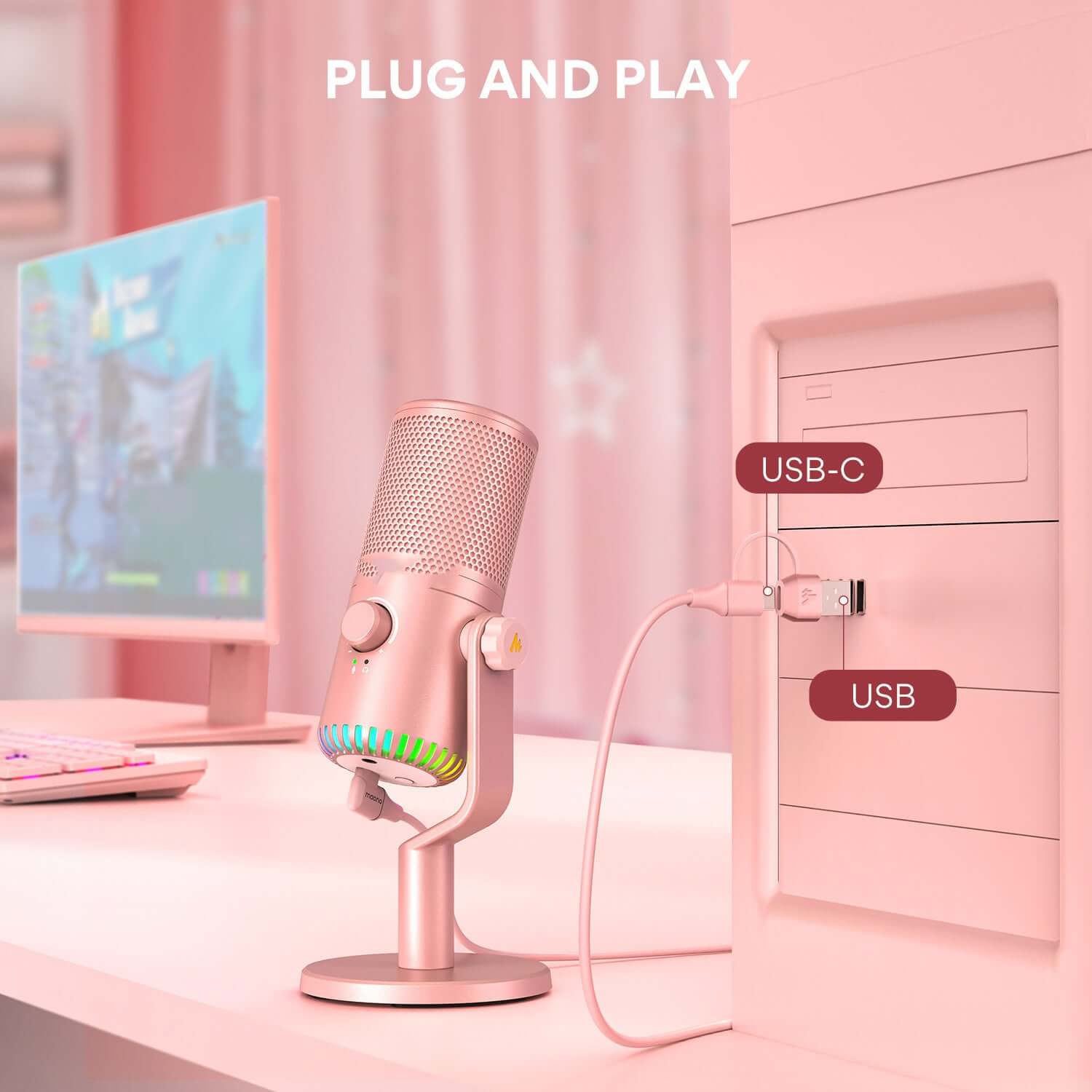 Home USB condenser microphone with colorful base, connected to computer via USB-C, ideal for streaming and recording.