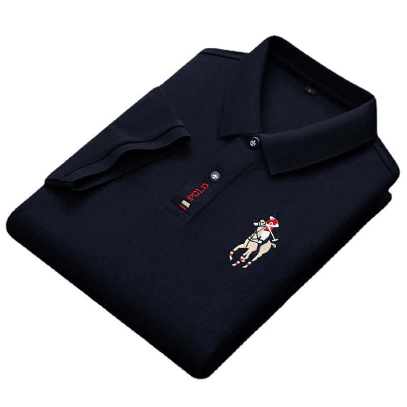 Summer men's navy cotton polo shirt with embroidery, short sleeves, and lapel design, perfect for casual wear.
