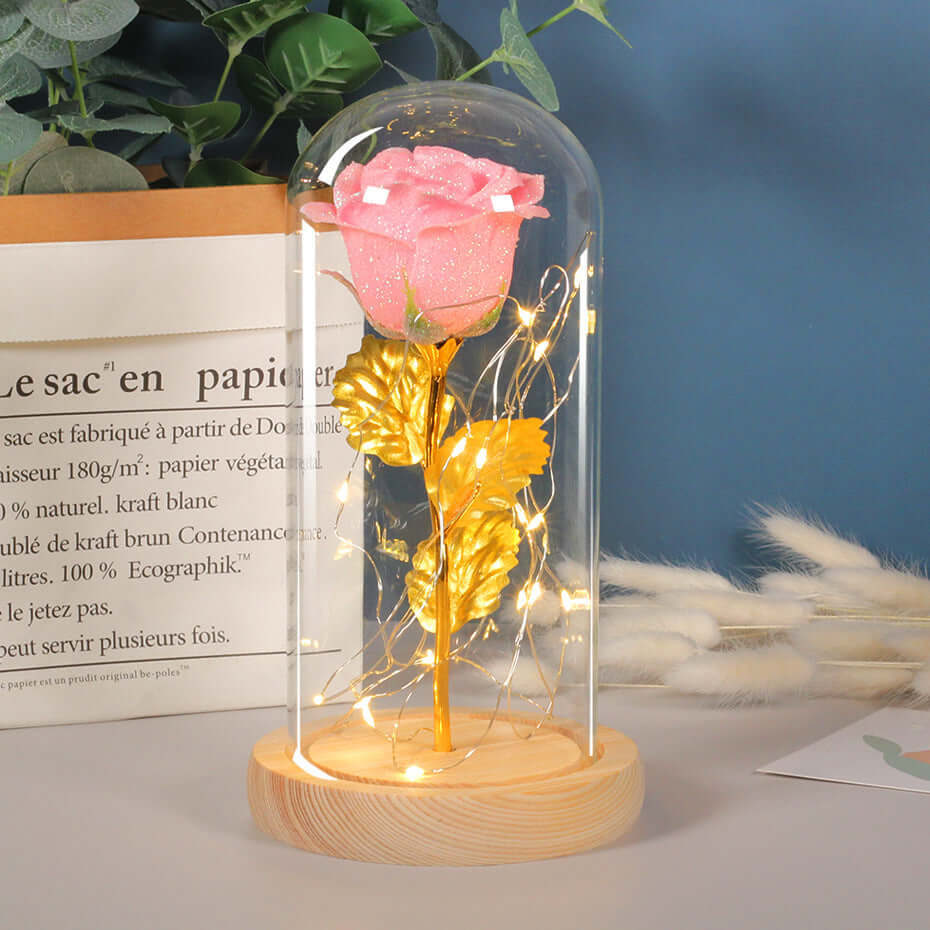 Eternal rose in glass cover with LED lights, ideal Valentine's Day gift for girlfriend or wedding decoration.