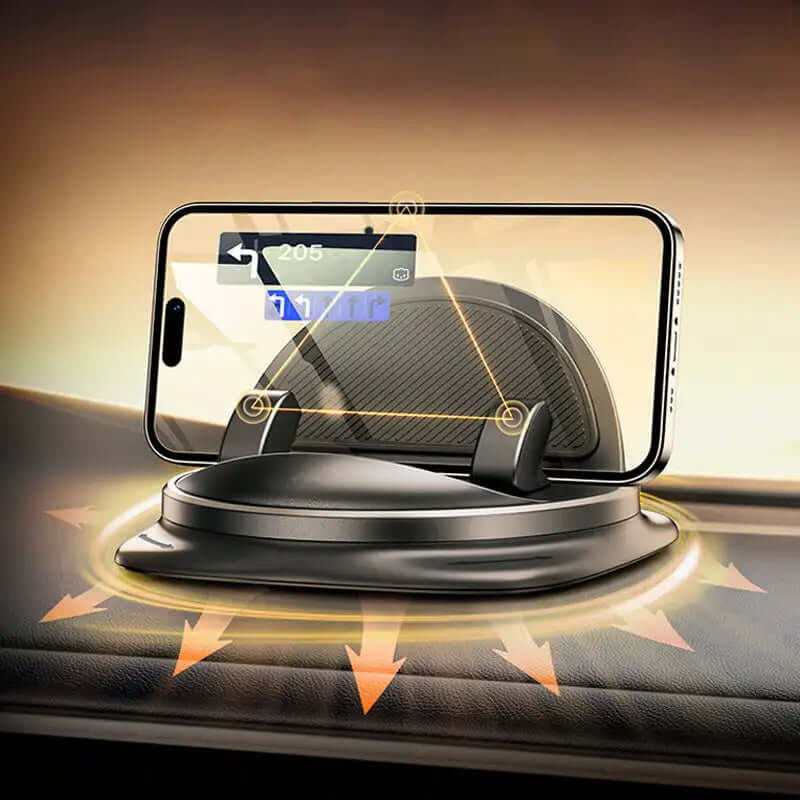 Universal car phone holder displaying a phone, featuring 360° rotation and anti-slip pad on a dashboard.