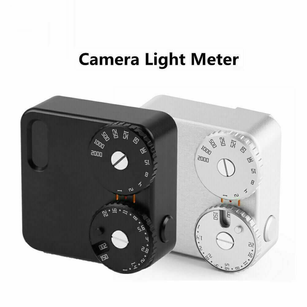 Camera light meter in black and silver, featuring adjustable dials for precise exposure measurement.