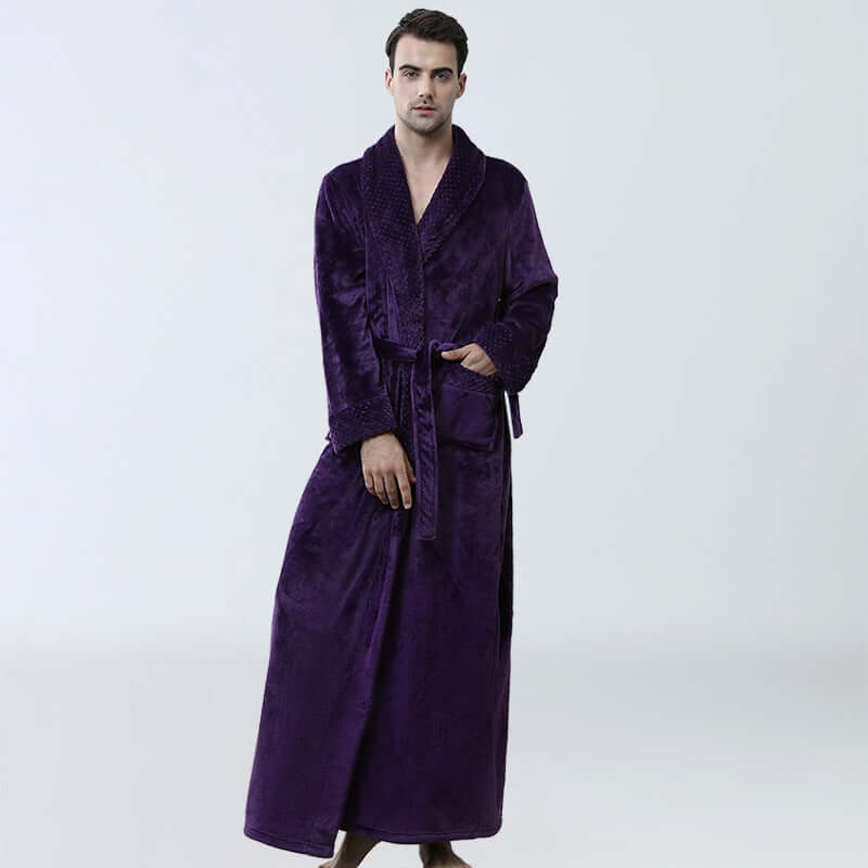 Men's winter nightgown in purple coral fleece, long sleeve and cardigan style, ideal for cozy homewear.