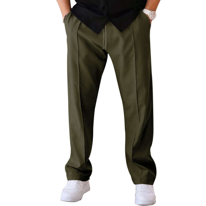 Men's casual loose straight pants in olive green with drawstring design, styled for comfort and versatility.