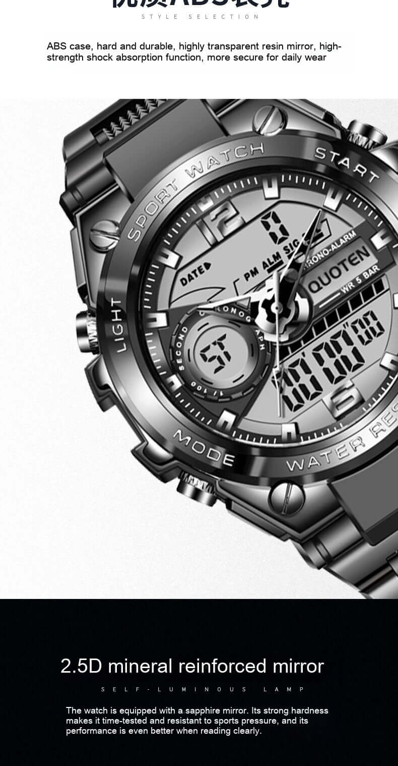 Waterproof sports electronic quartz watch with digital display and mineral reinforced mirror, features a durable design.