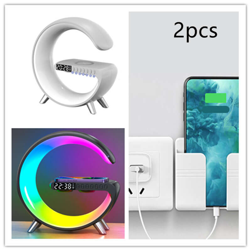 New Intelligent G Shaped LED Lamp with Bluetooth Speaker and Wireless Charger for home decor.
