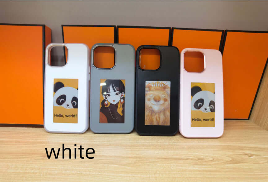 Four-color E-ink screen projection phone cases in white, gray, black, and pink with fun designs.