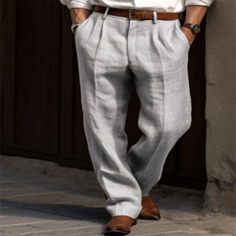 Men's Linen Trousers Double Pleated Front Pocket Straight Pure Color Comfort Breathable Casual - DBMP Shop