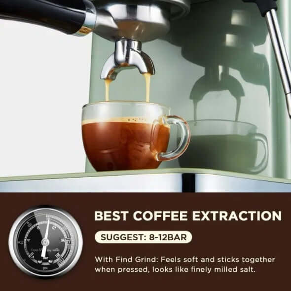 Close-up of espresso extraction from a coffee machine, showcasing rich coffee in a glass cup and a pressure gauge for optimal brewing.