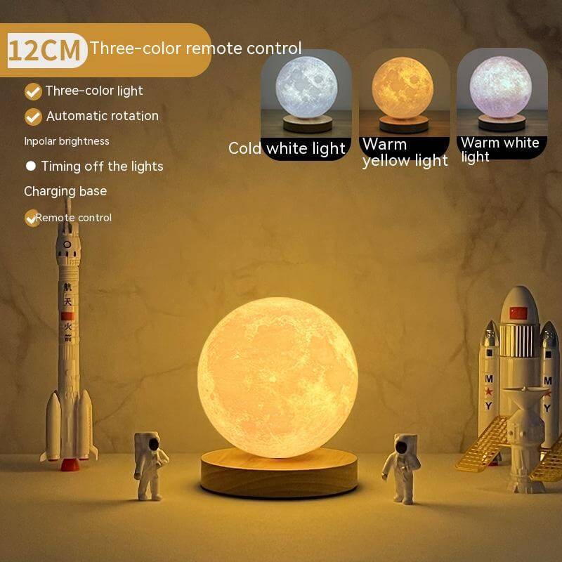Creative 3D magnetic levitating moon lamp with remote control - three colors and automatic rotation for cozy home decor.