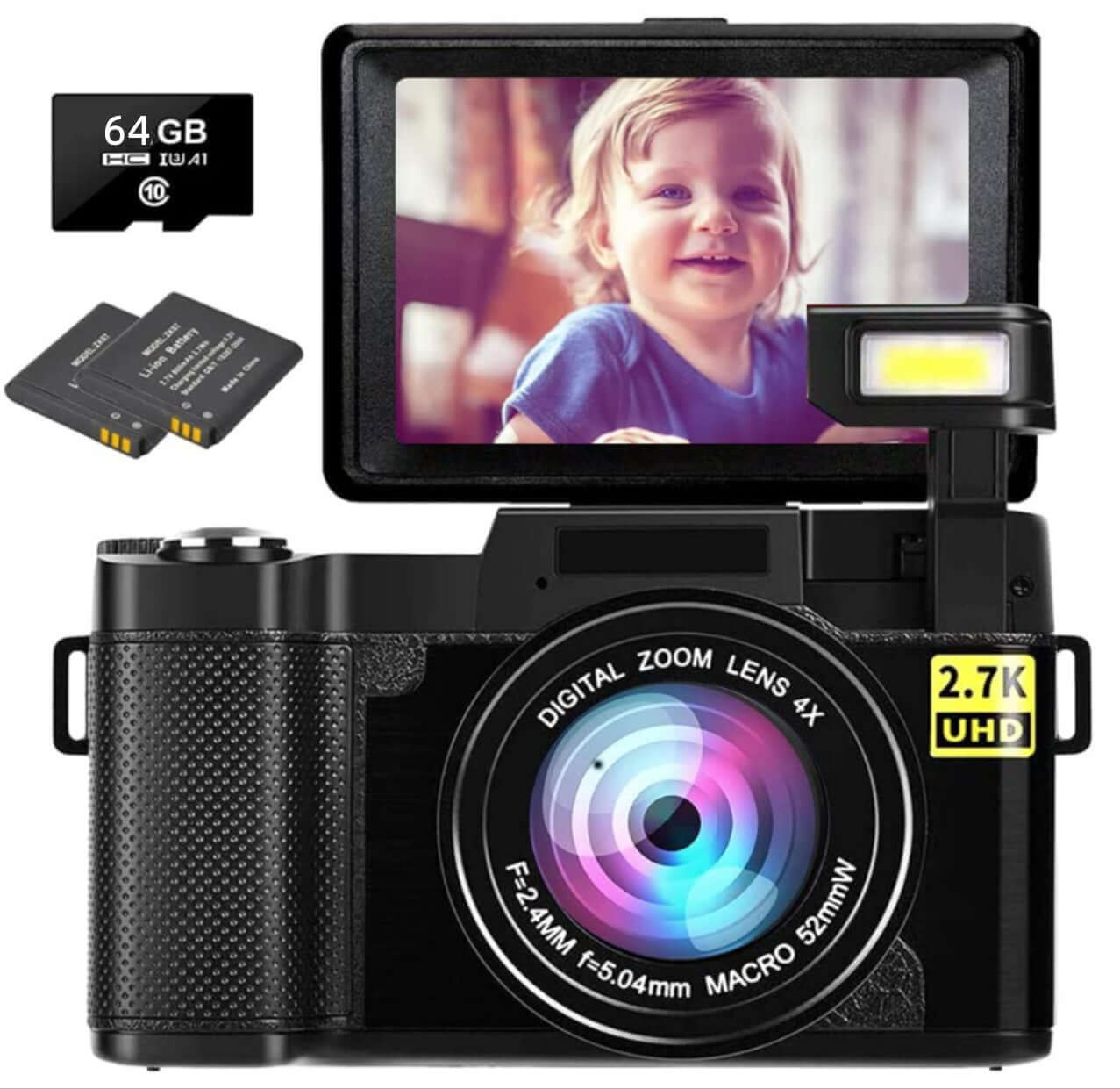 HD 27K R2S digital camera with flip screen, 4X zoom lens, and accessories including 64GB micro SD and batteries.