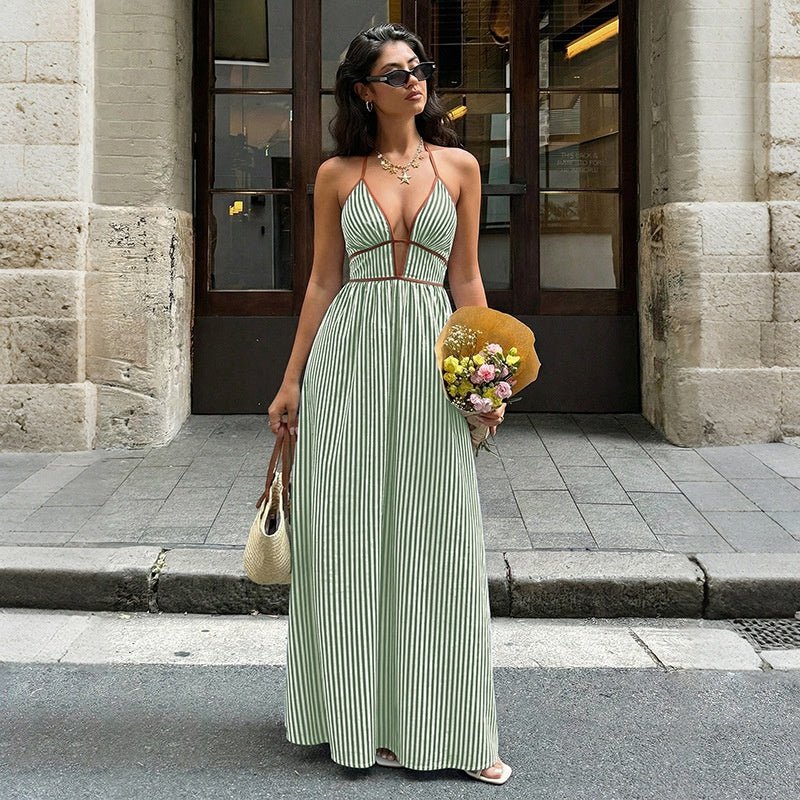 Women's Striped Strappy Dresses Fashion Summer V-Neck Maxi Dress Party Beach Evening Dress Women's Clothing - DBMP Shop