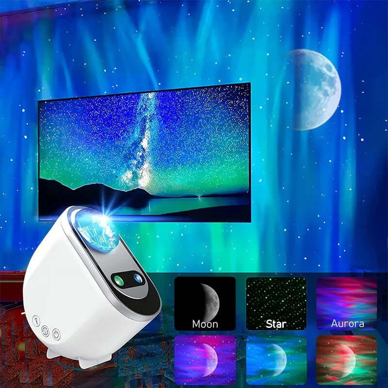 Aurora Borealis starlight projector displaying galaxy lights and moon on wall, enhancing bedroom atmosphere.
