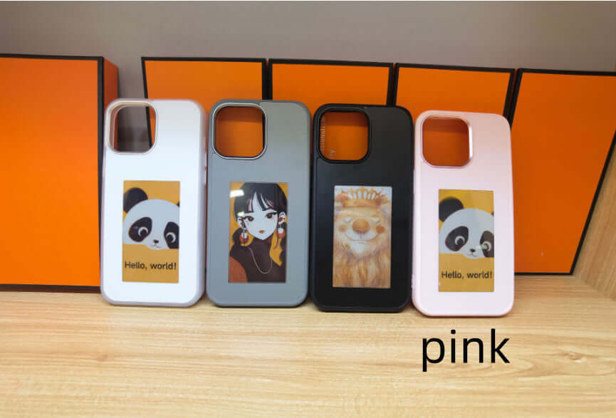 Four-color DIY phone cases with four images: panda, girl, lion, displayed on a wooden surface.
