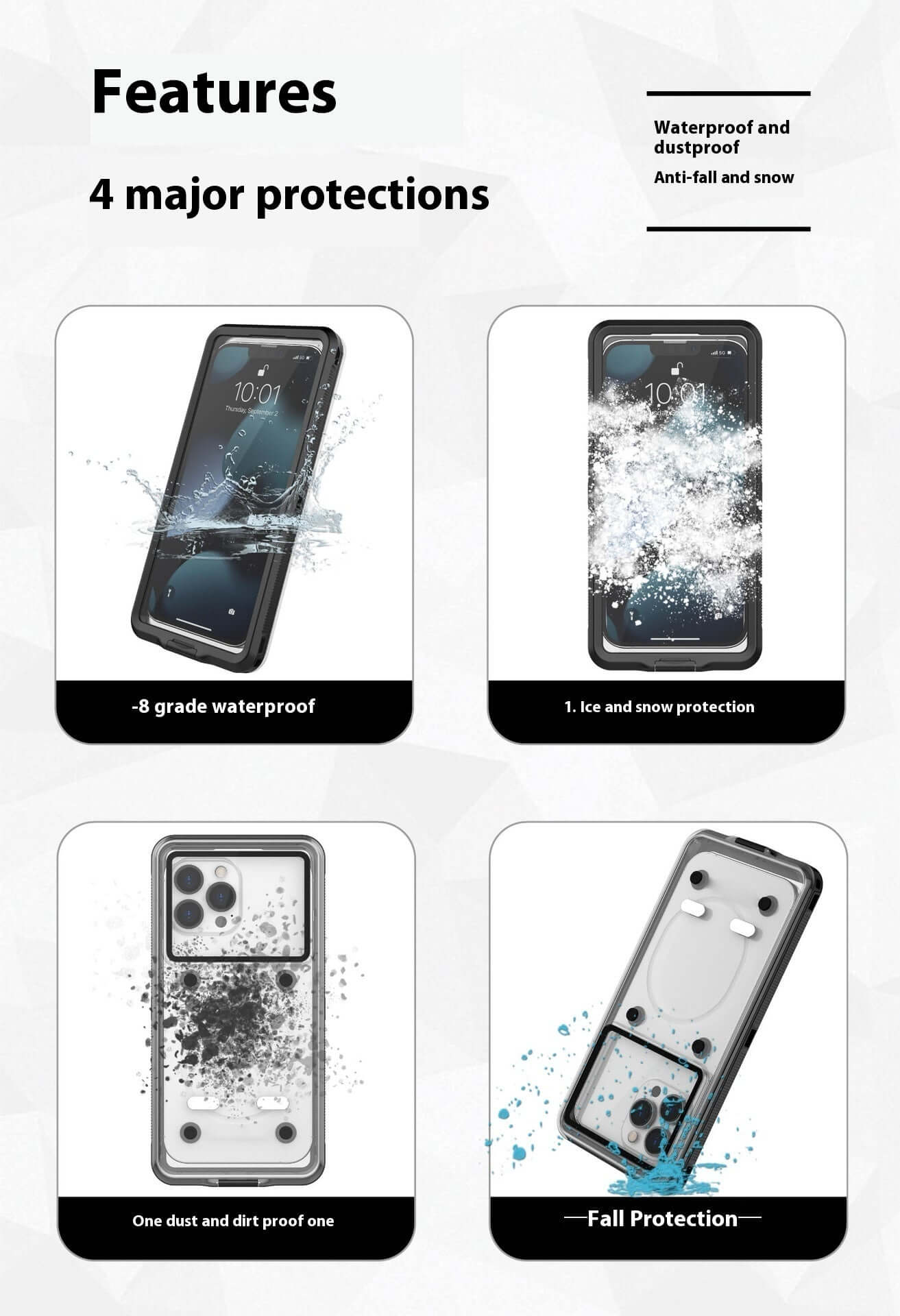 Waterproof phone case features showing 8-grade waterproofing, ice and snow protection, dustproof, and fall protection.