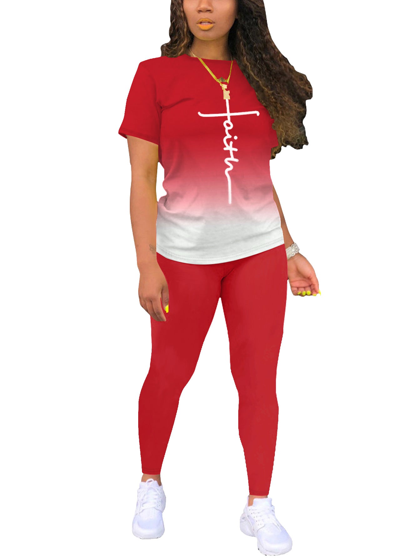 Printed Crewneck Short-Sleeve T-Shirt Top And Pants Womens Outfit