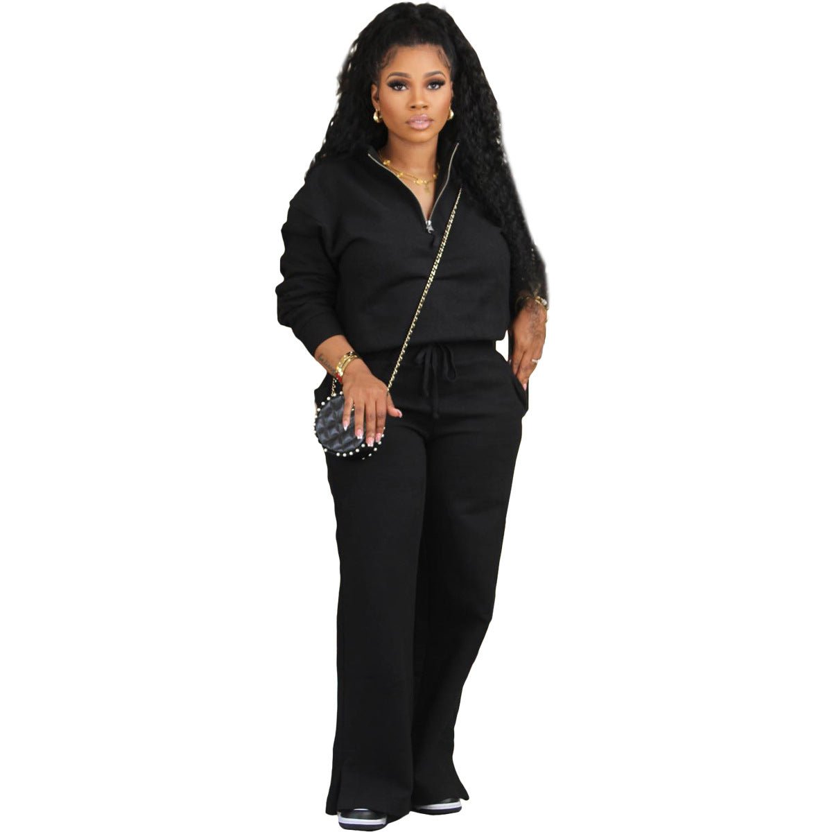 Solid Color Loose Zip Drawstring Pants Sports Two-piece Set - DBMP Shop
