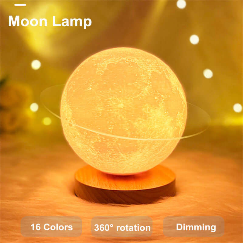 3D magnetic floating moon lamp with 16 colors, 360° rotation, and dimming feature, ideal for home decor.