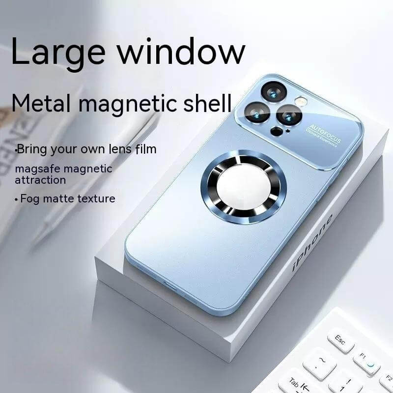 Large window metal magnetic shell case with fog matte texture and magsafe magnetic attraction in light blue color.