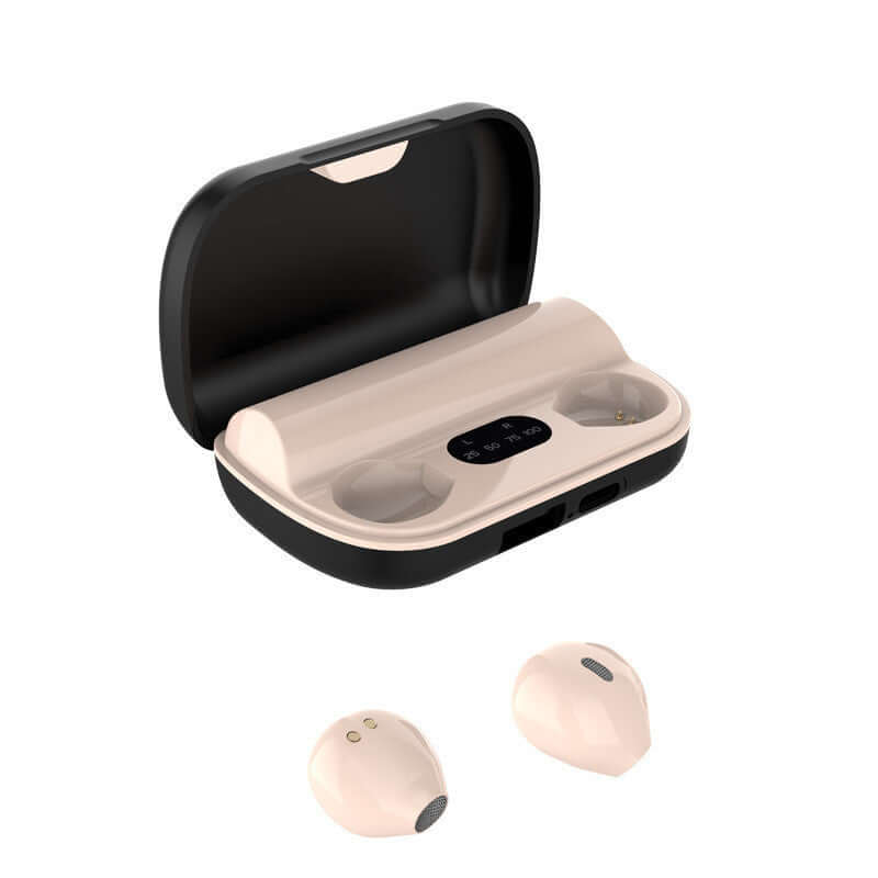 Wireless Bluetooth headset in charging case with two earplugs, showcasing a sleek design in beige and black.
