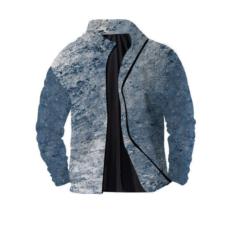 Men's twill digital printing 3D zipper jacket in a solid blue pattern, featuring a loose fit and regular sleeves.