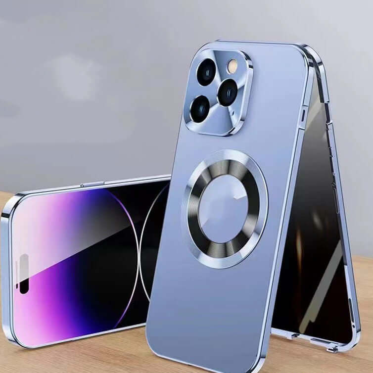 Magnetic cell phone case with anti-peep metal clip, compatible with iPhone models, sleek design in blue