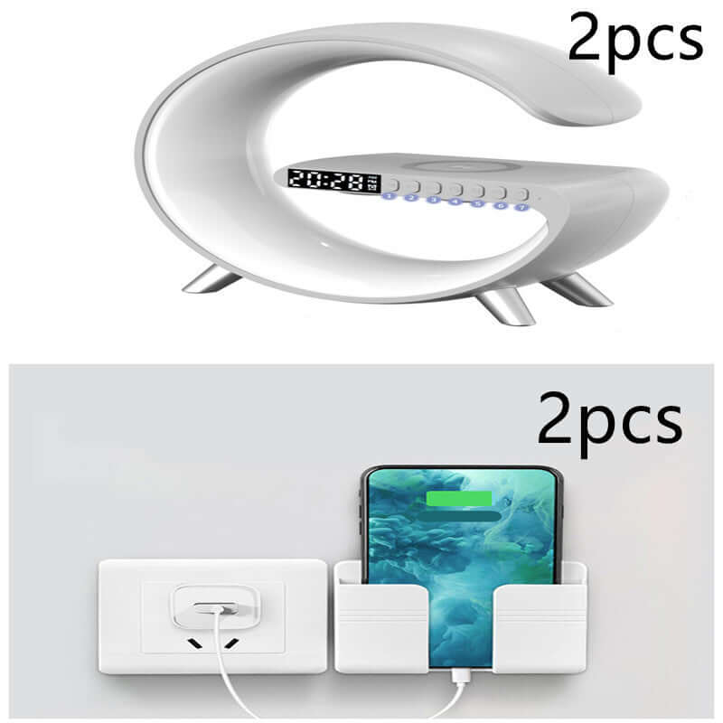 New intelligent G-shaped LED lamp with Bluetooth speaker and wireless charger, stylish home decor.