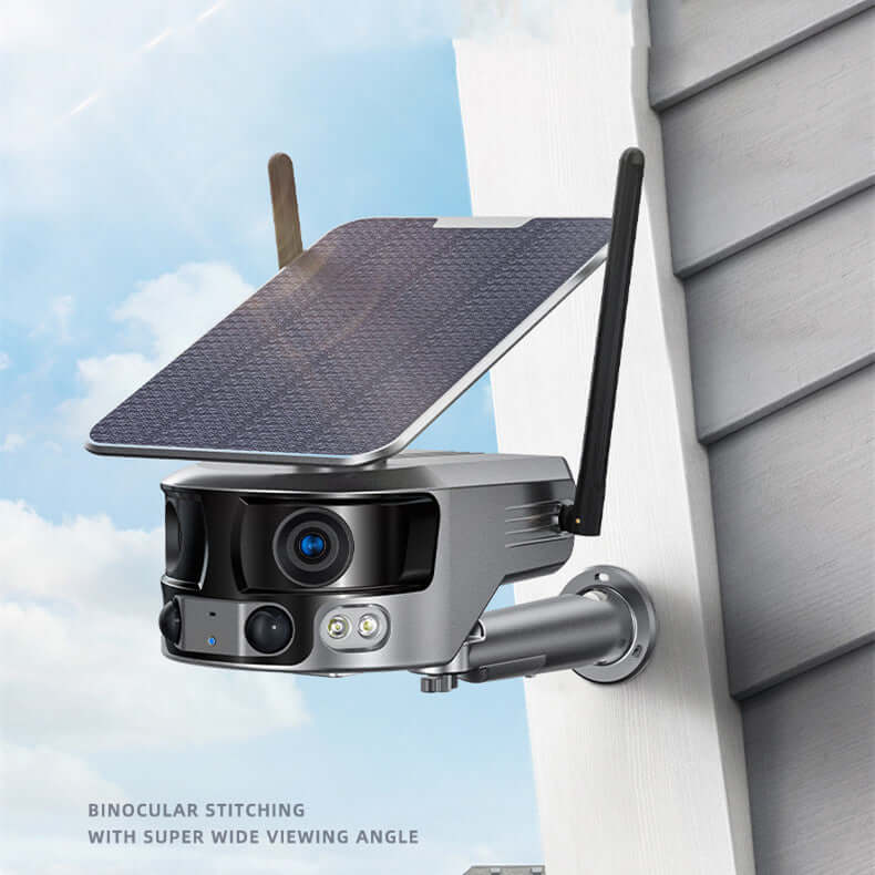 Mobile phone remote solar camera with solar panel and antennas mounted outdoors, offering wide-angle viewing.