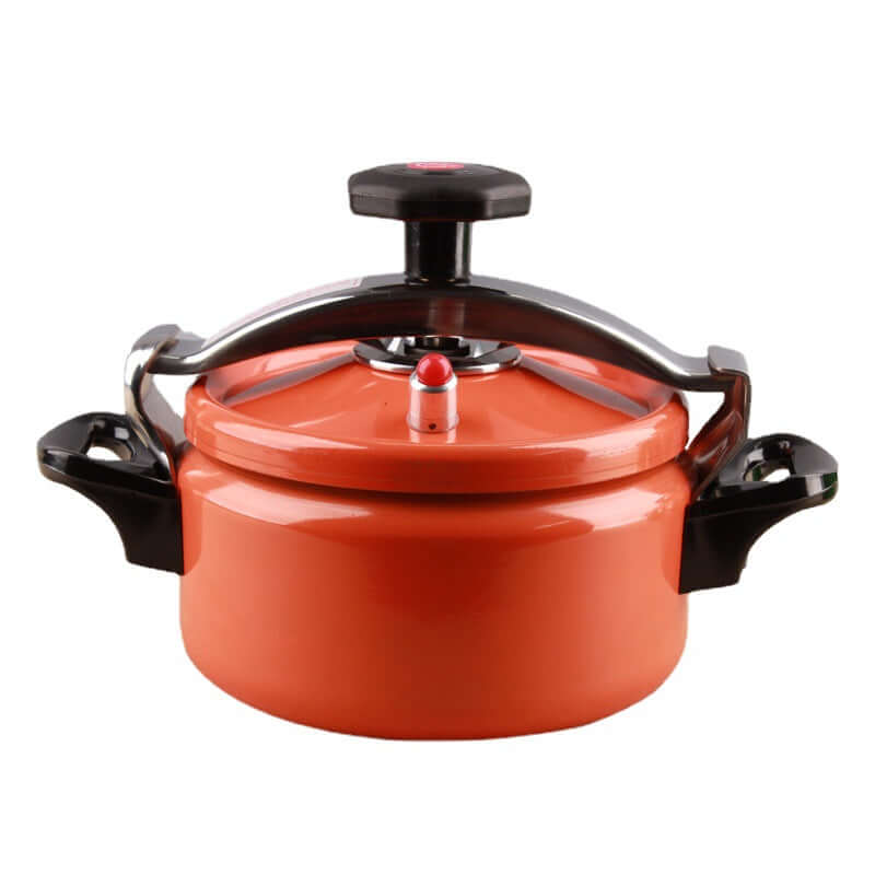 Mini orange pressure cooker with a black handle, 2L size, perfect for quick meals in kitchen.