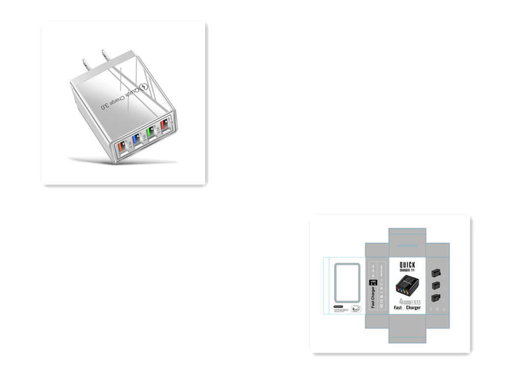 USB Charger Quick Charge 3.0 adapter with 4 ports for fast charging smartphones and tablets, ideal for travel and home use.