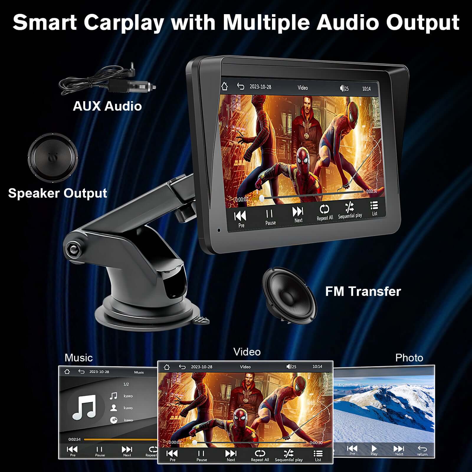 Smart Carplay monitor with audio outputs, showcasing music, video, and photo features in a car setting.