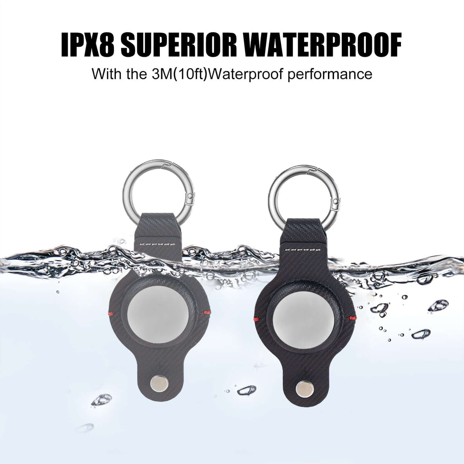 AirTag holder submerged in water, showcasing IPX8 waterproof performance with a key ring design.