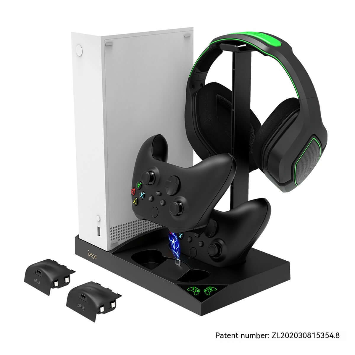 Xbox Series S cooling fan base with gamepad charger and earphone rack, featuring dual battery support and sleek design.