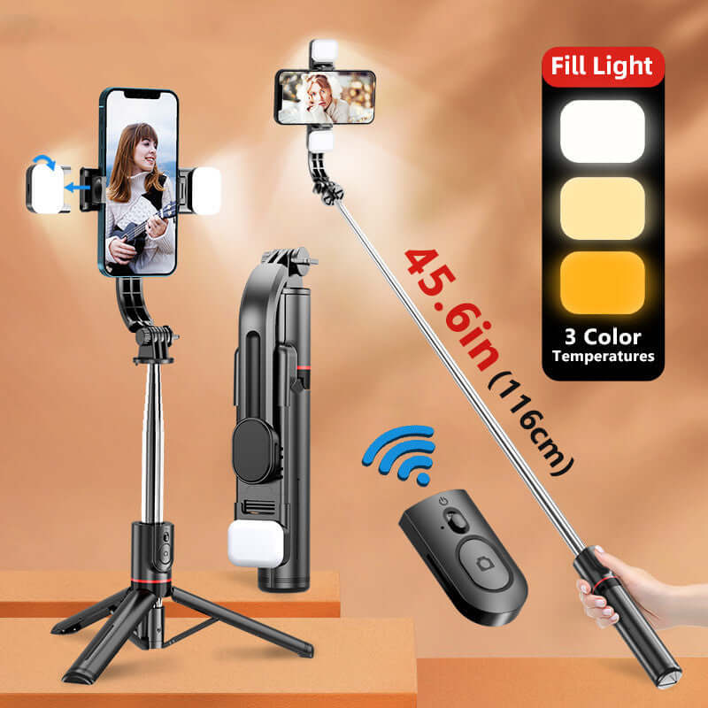 Cell phone Bluetooth selfie stick tripod with fill light, remote, and adjustable height of 45.6in for perfect selfies.