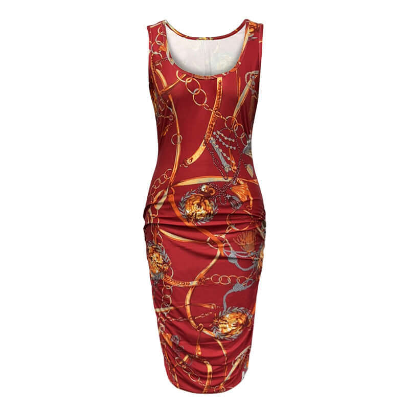 Women's sleeveless plus size dress in red with chain print, made of polyester fiber. Available in sizes S-XXL.