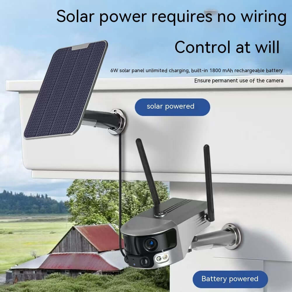 Solar powered mobile phone remote camera with wireless charging and battery features for easy control.