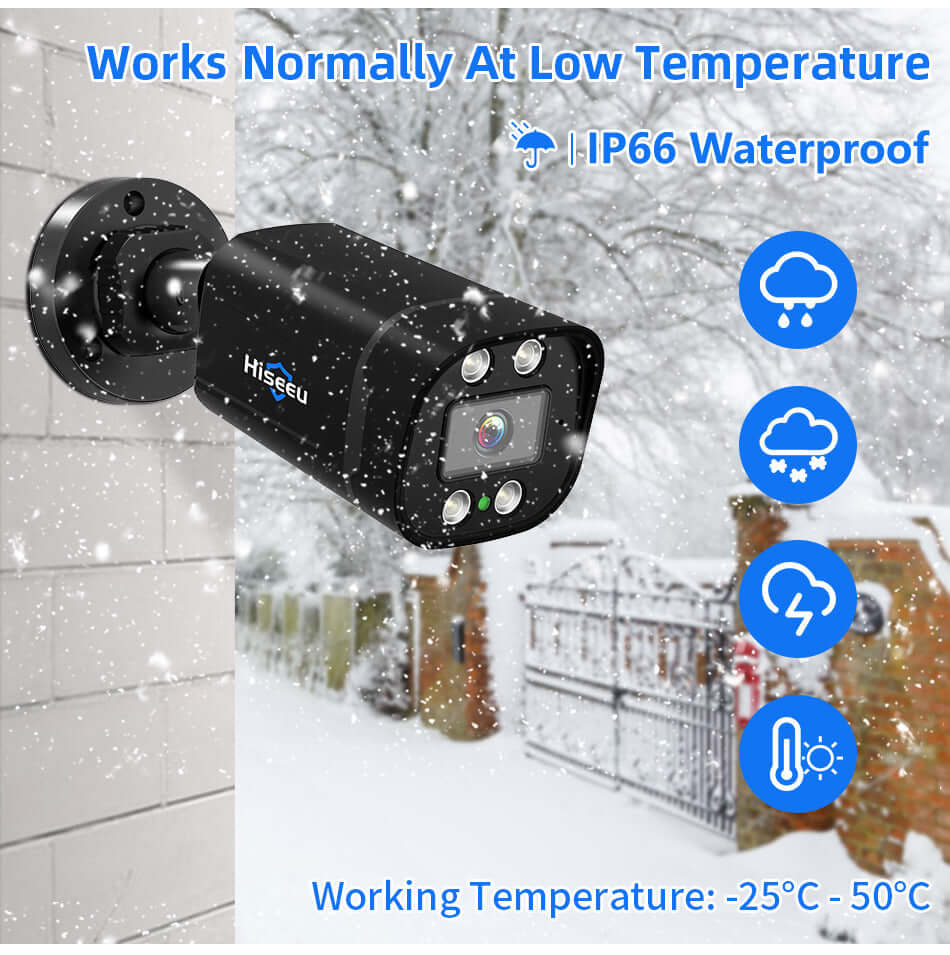 Waterproof security camera operating in low temperatures, with IP66 rating and snow in the background.
