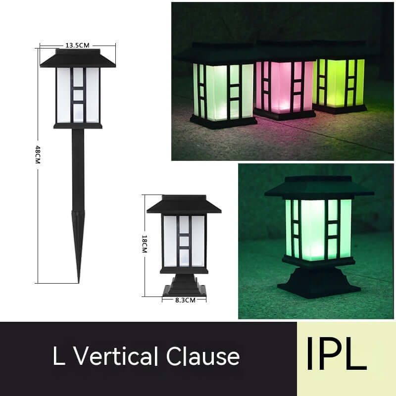 L Vertical Clause solar lamp displaying white and colored light in a garden setting, IP65 rated for outdoor use.
