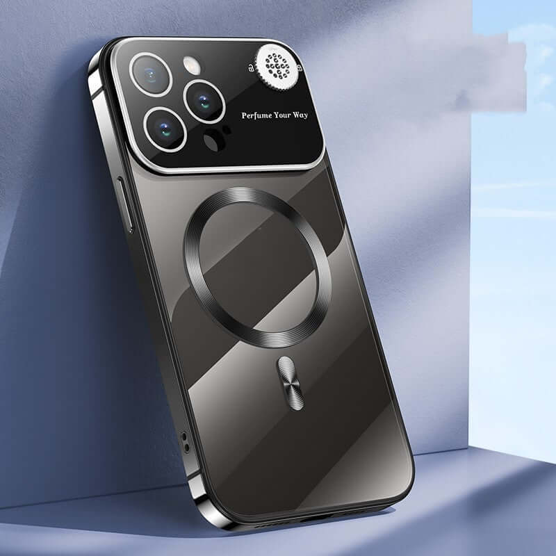 Dark purple stainless steel phone case with magnetic suction for stylish fall protection and aromatherapy features.