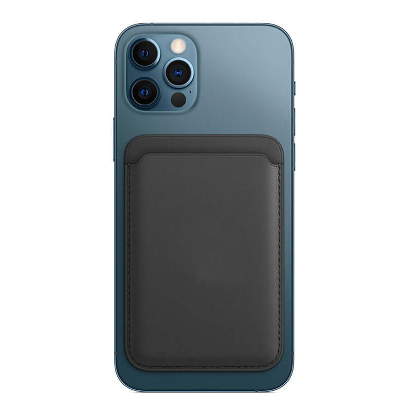 For Magsafe Magnetic Leather Card Holder on blue smartphone, showcasing 2-in-1 design for cards and stand compatibility.