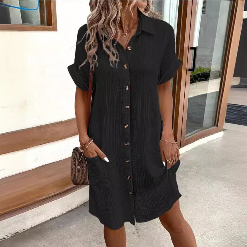 Summer Short Sleeve Shirt Dress Fashion Solid Color Single - breasted Mid - length Loose Dress - DBMP (Electronics And More Store)