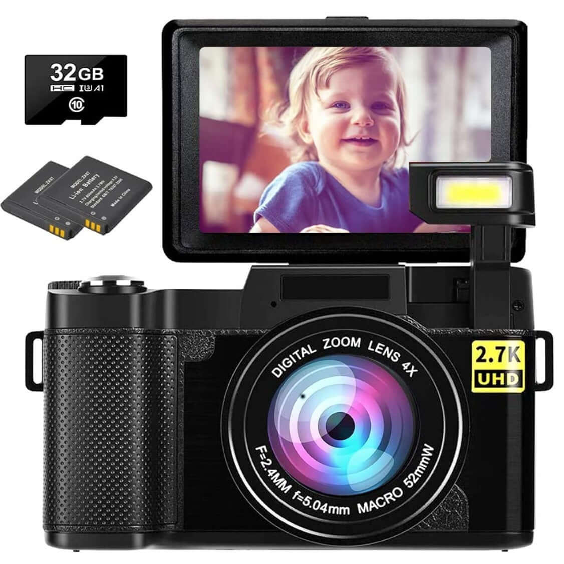 HD 27K camera with flip screen, zoom lens, memory card, and macro lighting; ideal for photography and video.