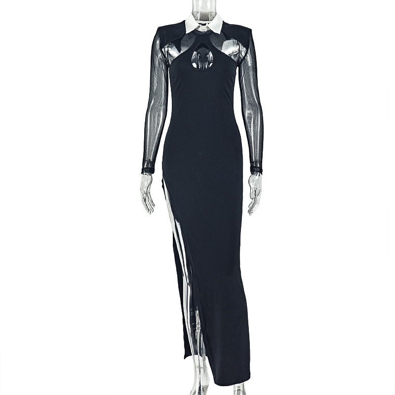 Body-hugging Shirt Collar Long Sleeve Design Hollow-out Dress - DBMP Shop