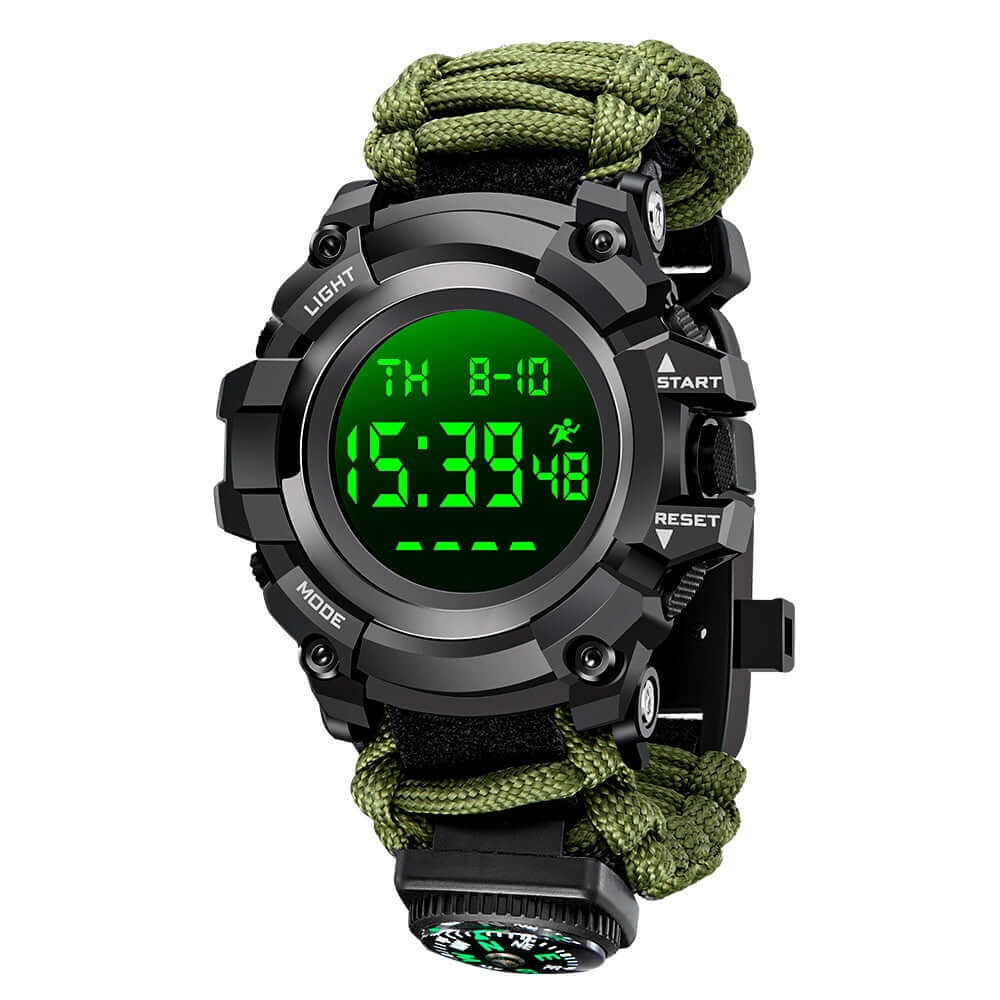 Double display electronic watch with green screen, whistle, ignition, compass, and thermometer features for men.