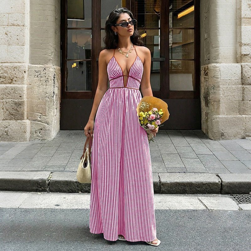 Women's Striped Strappy Dresses Fashion Summer V-Neck Maxi Dress Party Beach Evening Dress Women's Clothing - DBMP Shop