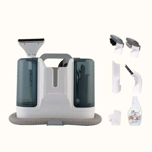 Portable dirt remover brush with attachments, compact design, and integrated water tank for efficient carpet cleaning.